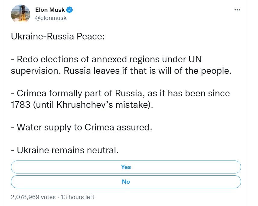馬斯克在推特提出和平計畫並開放網友投票。翻攝elon musk/twitter
