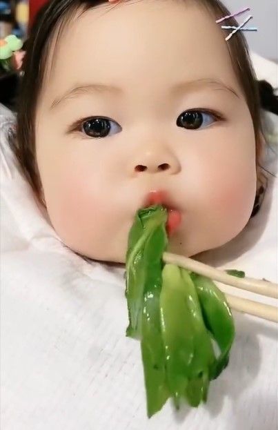 大眼娃儿吃菜的模样萌翻百万网友。