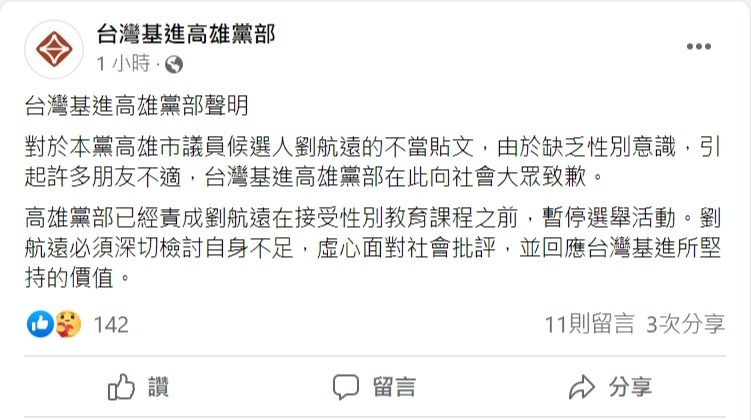 翻攝自臉書/台灣基進高雄黨部