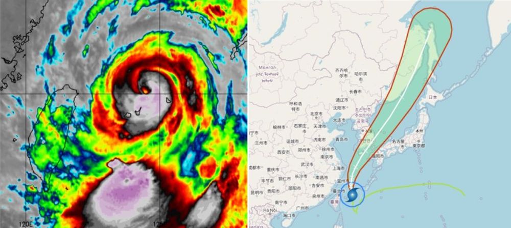 左圖:紅外線雲圖顯示,「軒嵐諾」颱風眼再現。(圖擷自weathernerds) 右圖:最新中央氣象局「路徑潛勢預圖」顯示,「軒嵐諾」向北北西進入東海,將再度增強為強颱;未來轉向北北東而行,通過南韓及對馬海峽ㄧ帶後,由於海溫漸低而減弱,緯度已高而漸變性。翻攝「三立準氣象· 老大洩天機」