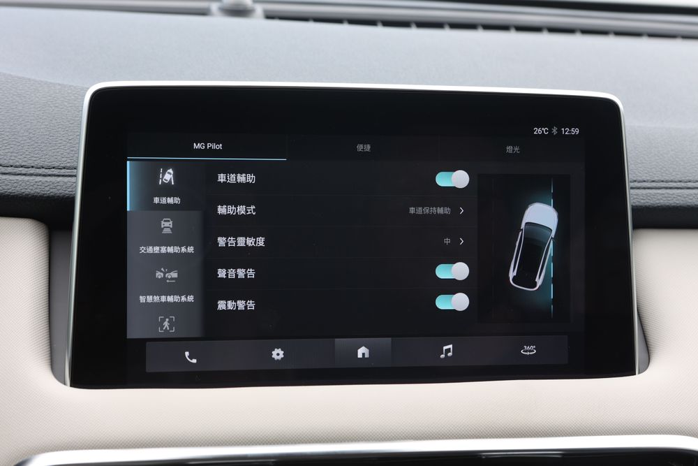 MG Pilot 2.0駕駛輔助系統，包含了全速域ACC主動車距巡航控制、TJA交通壅塞輔助、LKA車道保持輔助等，達到Level 2半自動駕駛能力。翁玉信攝
