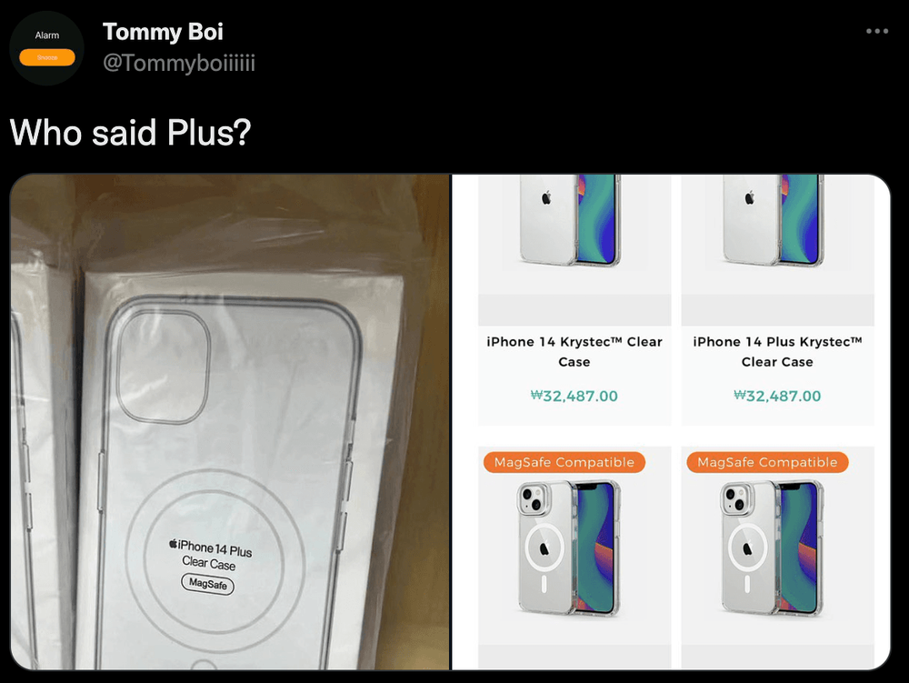 推特爆料显示第三方保护壳上以 iPhone 14 Plus 命名。取自推特