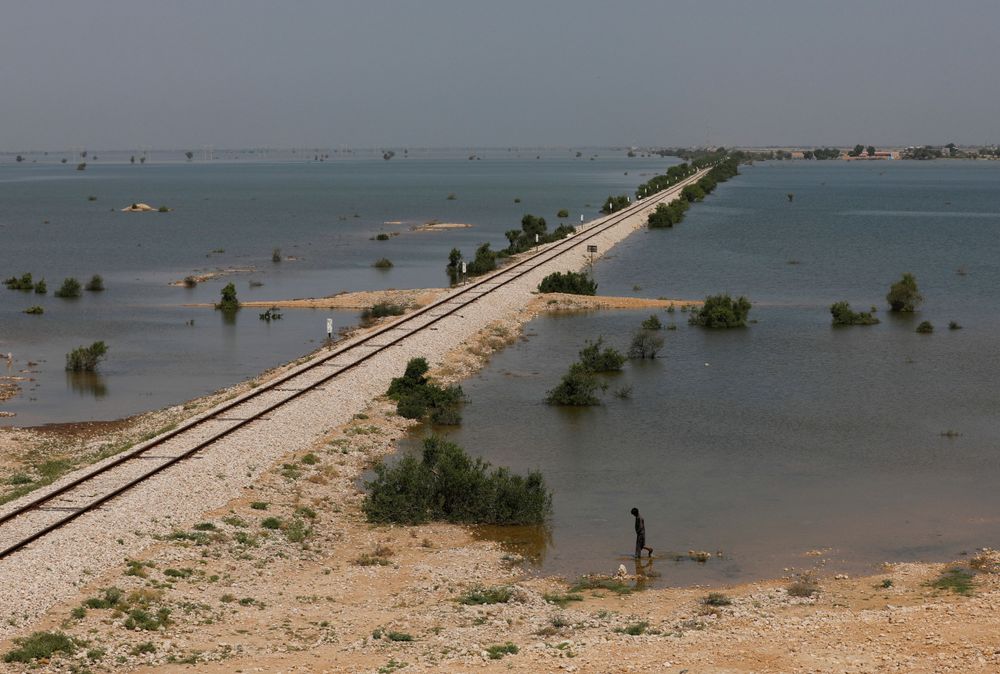 信德省賽萬鎮一處鐵道兩側6日積水嚴重，汪洋不見邊際。路透社
