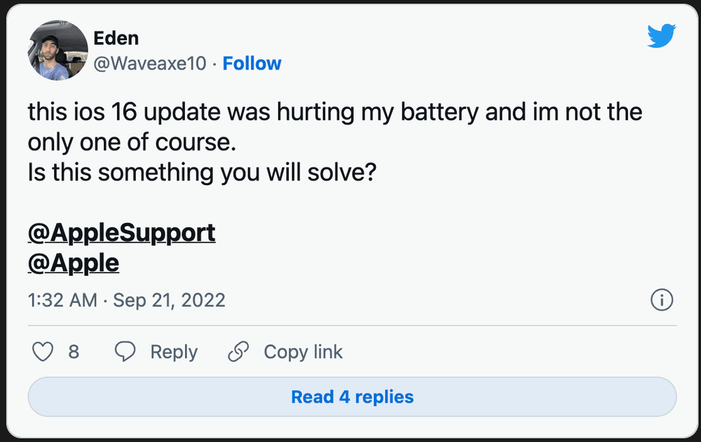 用戶反應 iOS 16 電池消耗問題。取自 MacRumors