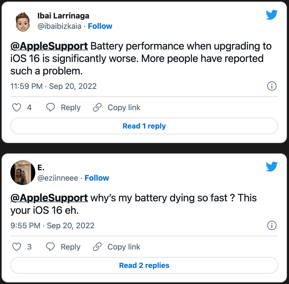 用戶反應 iOS 16 電池消耗問題。取自 MacRumors