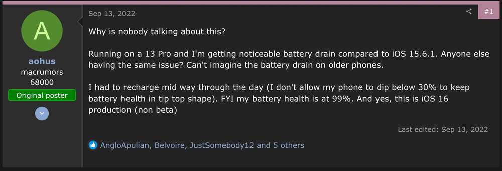 用戶反應 iOS 16 電池消耗問題。取自 MacRumors