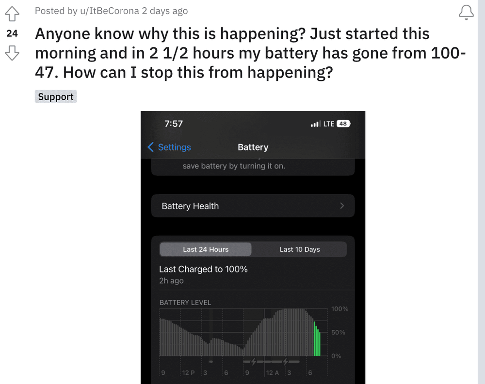 用戶反應 iOS 16 電池消耗問題。取自 Reddit