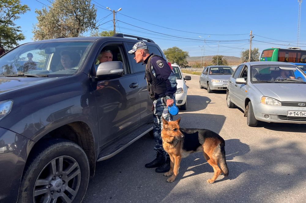 警方帶著警犬，仔細盤查準備搭乘渡輪的汽車及其駕駛。路透社
