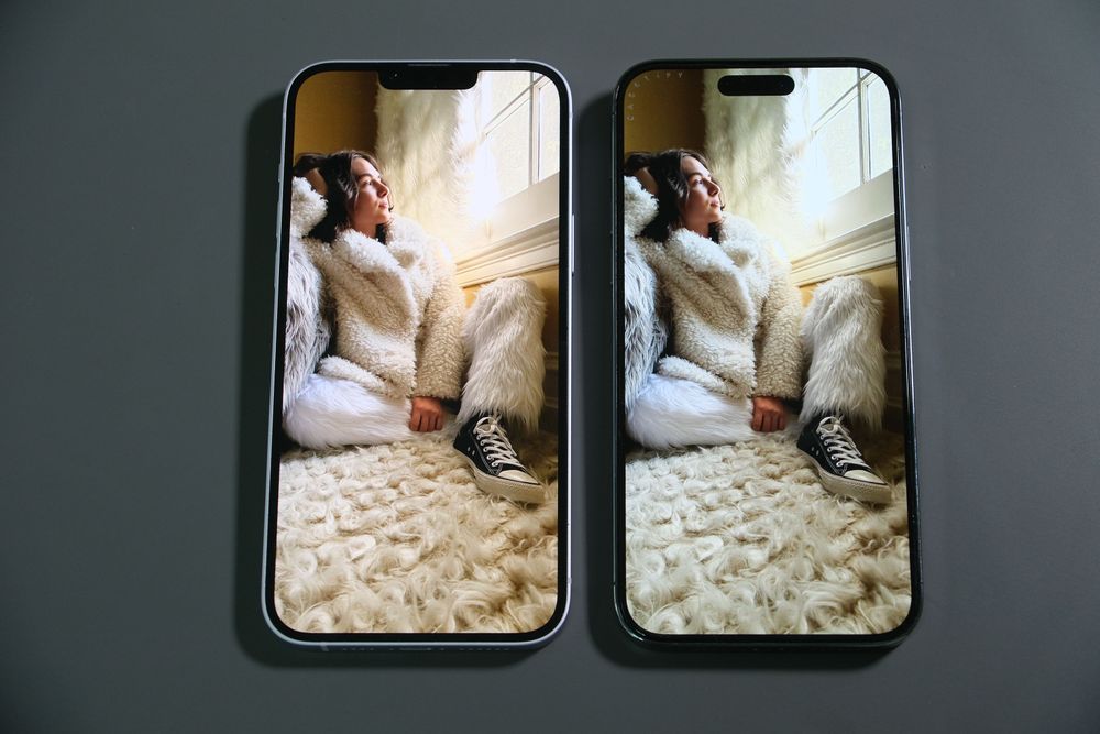 iPhone 14 Plus與iPhone 14 Pro max螢幕大小相同，差別在原深感測鏡頭的劉海與膠囊設計。陳志淵攝