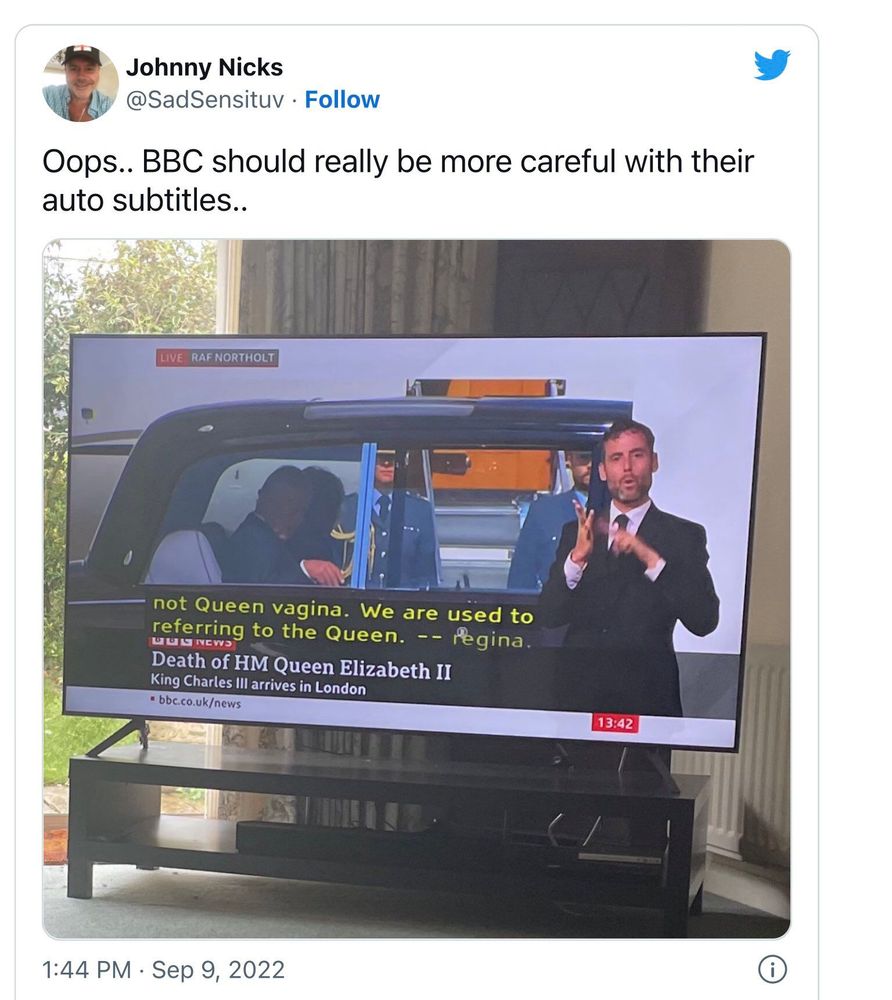 觀眾拍攝了BBC的史詩級字幕謬誤。翻攝自推特