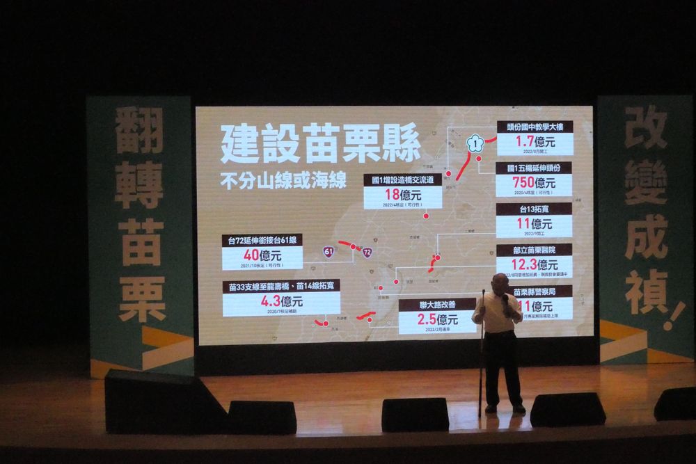 蘇貞昌細數幫助苗栗縣的地方建設項目。楊永盛攝
