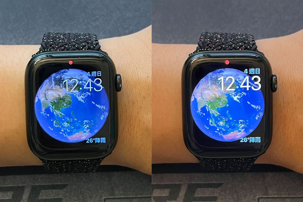 Apple Watch S7 的永远显示功能（左），对比一般画面主要将亮度调亮。黄子伦摄