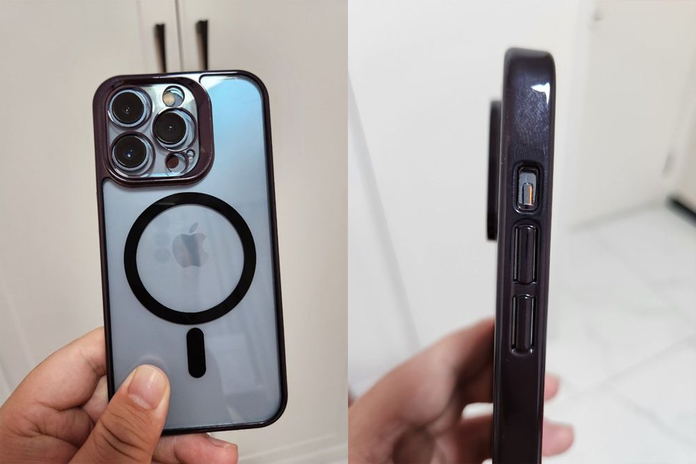 iPhone 14 Pro 保護殼放在 iPhone 13 Pro 上,可見相近機身尺寸下,鏡頭體積變大,機身邊框左側的音量開關和調整按鍵也略為升高。取自 Naver