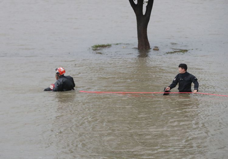 蔚山市1名男子在軒嵐諾來襲期間失足落水，救難人員展開搜救。法新社