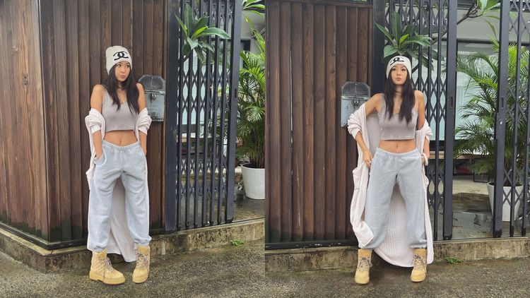 孫芸芸近期特別喜愛以香奈兒毛帽搭配短版露肚上衣。翻攝aimeeyunyunsun IG