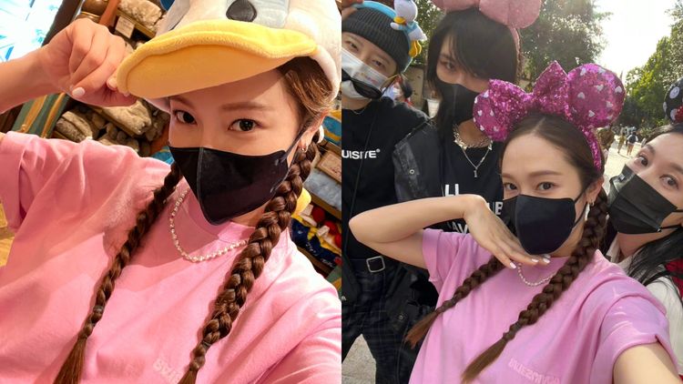 她戴上米妮和唐老鴨造型頭飾自派，相當俏皮可愛。翻攝Sy__Jessica IG