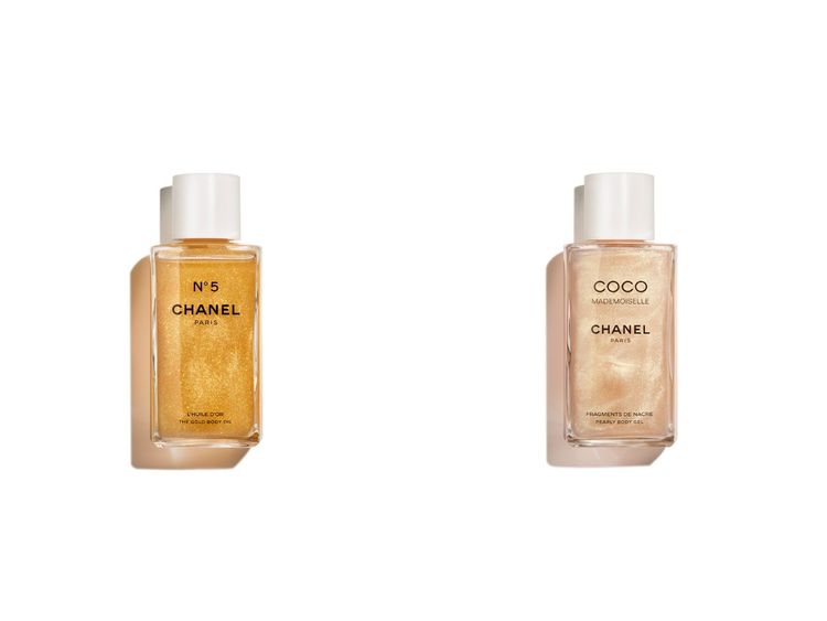 N°5絲光柔膚煥亮身體油（左）、摩登COCO炫耀光燦身體凝露（右），各250ml／4020元。品牌提供