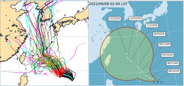 左圖：最新歐洲(ECMWF)系集模式顯示，50次的模擬路徑，大致朝西北前進、再轉北，但相當分歧。右圖：中央氣象局的「路徑潛勢預測圖」顯示，今日將發展成第12號颱風「梅花」；向西北往琉球附近、再轉北，70％中心移入的機率範圍(紅框)很大。
