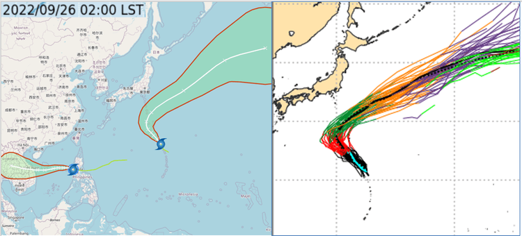 左圖：中央氣象局「路徑潛勢預測圖」顯示，「中颱諾盧」進入南海後，持續偏西移動、仍有再增強趨勢。另一「熱帶低壓」在硫磺島東南方海面，向西北移動再向東北大迴轉。  右圖：歐洲系集模式(ECMWF) 50次模擬路徑顯示，在硫磺島東南方海面的「熱帶低壓」，向西北移動再向東北大迴轉。翻攝吳德榮「三立準氣象· 老大洩天機」