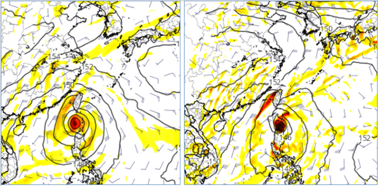 左圖：最新歐洲模式(ECMWF)模擬下週日（16日），颱風已進入巴士海峽。  右圖：美國模式(GFS)模擬，時間落後約2天（下週二18日），颱風才進入巴士海峽。