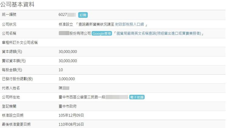 朱姓街友遭冒名持股的公司，資本額3千萬元。翻攝「商工登記公示資料查詢服務」網站