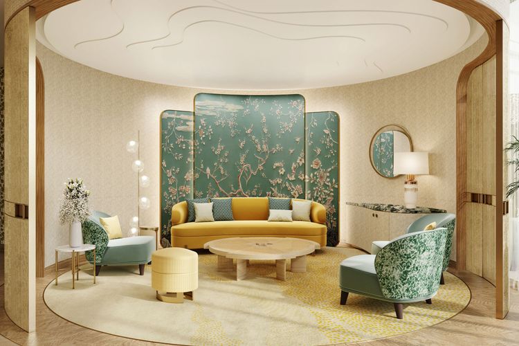 位於5樓的VIP鑑賞室，延續了卡地亞鍾情的異國格調，並以居家客廳形象發想。品牌提供