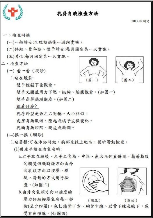 乳房自我檢查的方式。引自輔大醫院官網
