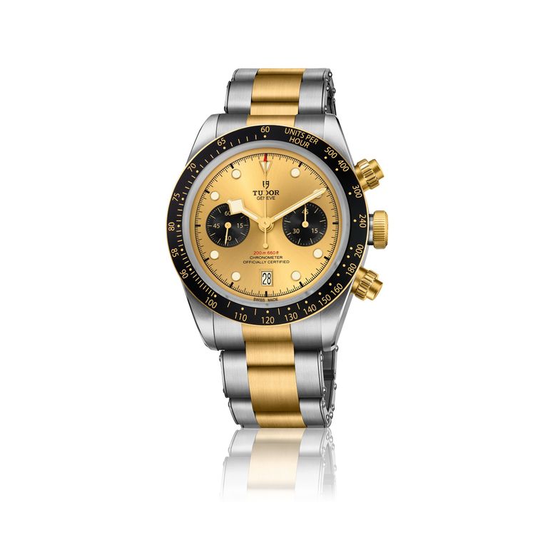 帝舵Black Bay Chrono S&G香檳色面盤半金計時碼錶，約23萬500元。品牌提供