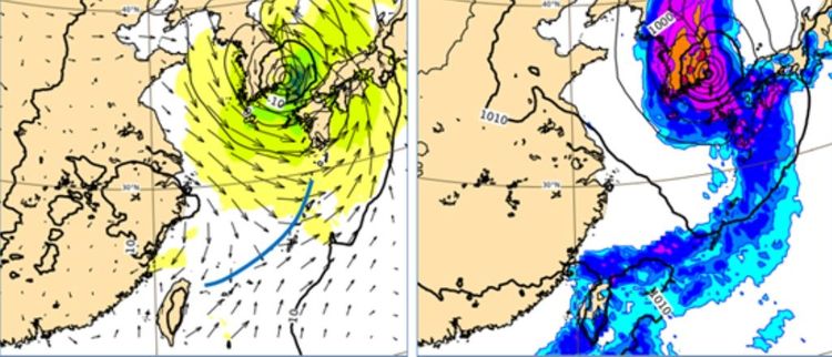 最新歐洲模式(ECMWF)，模擬6日8時近地面(1000百帕)風場圖(左圖)顯示，「軒嵐諾」之後的偏北風南下與西南風輻合(藍弧線)，形成雨帶(右圖)。