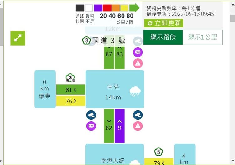 目前南港交流道北上「紫爆」。翻攝自高速公路局即時路況系統