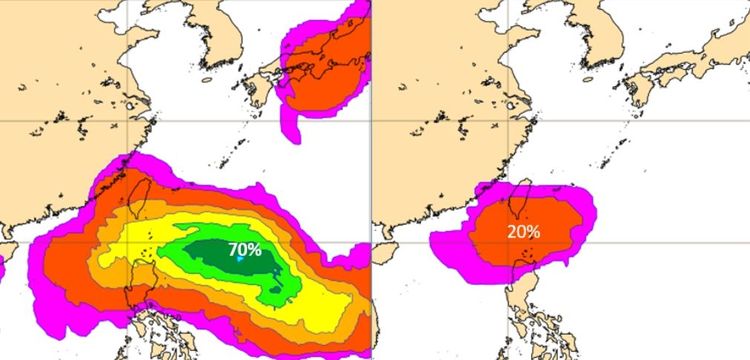 歐洲系集模式(ECMWF)，25日20時模擬圖顯示，台灣及巴士海峽附近，「熱帶擾動」發展的最高機率為70%(左圖)，「颱風」的發展機率則為20％(右圖)。翻攝「三立準氣象· 老大洩天機」