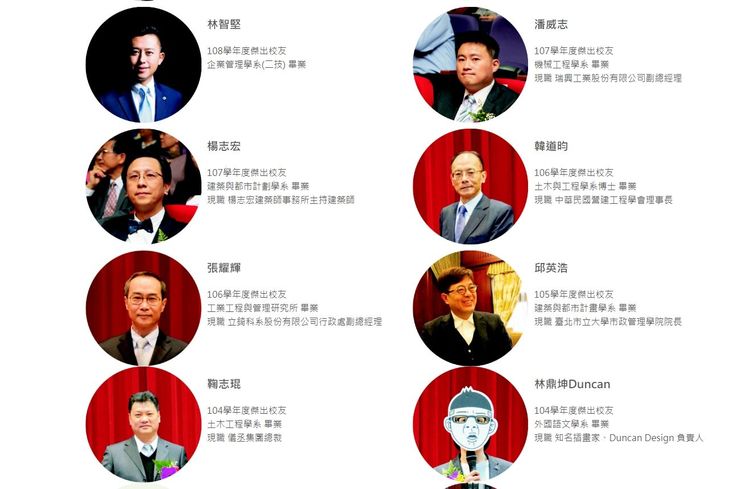 中華大學網站上目前公布有31位傑出校友。翻攝中華大學網站