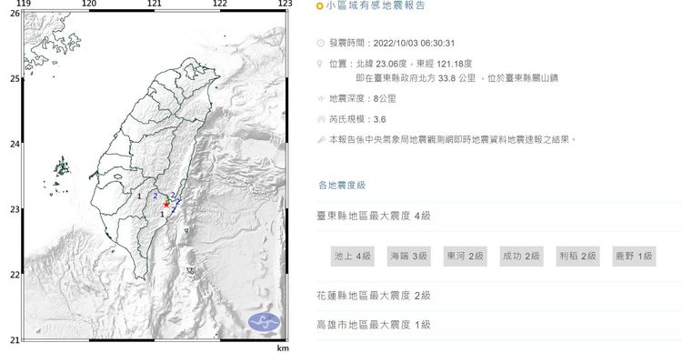 台東6:30規模3.6地震。中央氣象局提供