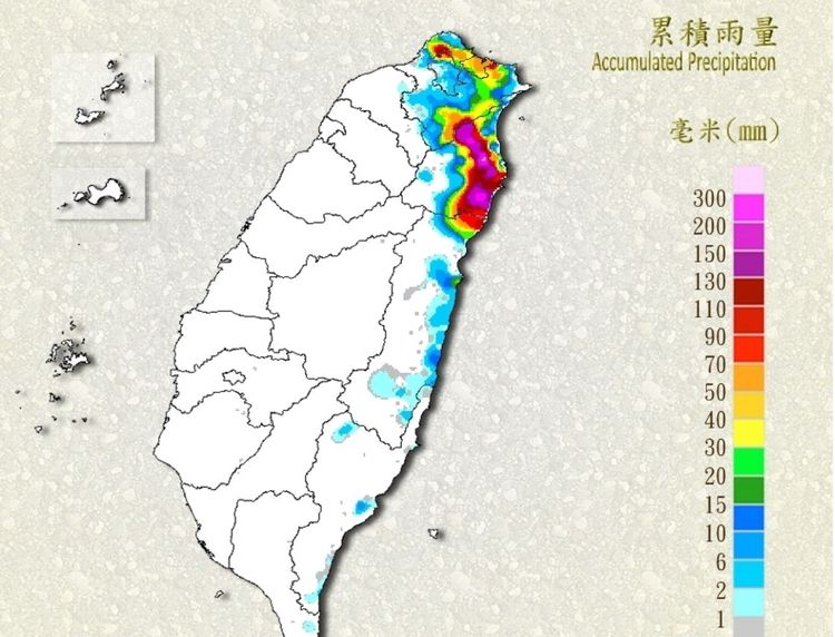 迎風面北部、東北部降雨明顯。中央氣象局提供