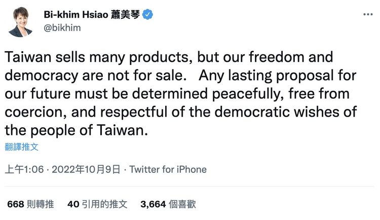 駐美代表蕭美琴在推特發文，指任何關於台灣未來的提議都必須不受脅迫、以和平方式決定。翻攝自蕭美琴推特