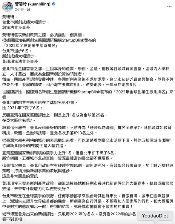 管碧玲在臉書發文表示，台北市在城市博覽會秀出來的新創評比，只敢用2021年的名次。翻攝自管碧玲臉書