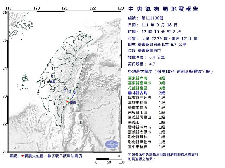12時10分在台東市又有規模4.7餘震。氣象局提供