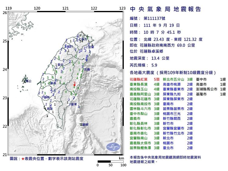 今早又發生規模5.9地震。氣象局提供