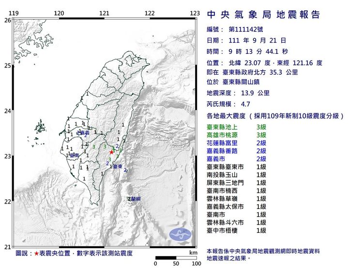今早台東關山發生規模4.7地震。氣象局提供