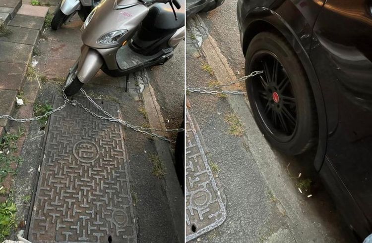 王男在臉書社團貼文，指汽車停民宅前遭鐵鍊把汽、機車鎖起來。翻攝《爆料公社》