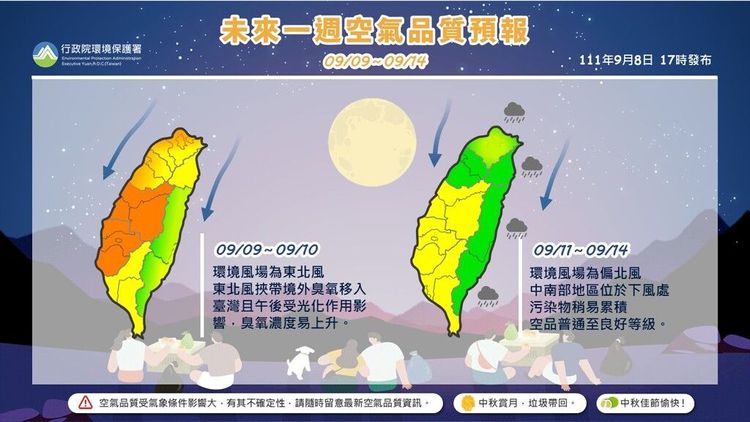 環保署預估中秋節前後這一周空品狀況並不理想，醫師認為空品不佳也是誘發呼吸道疾病發作的主因。取自環保署網站
