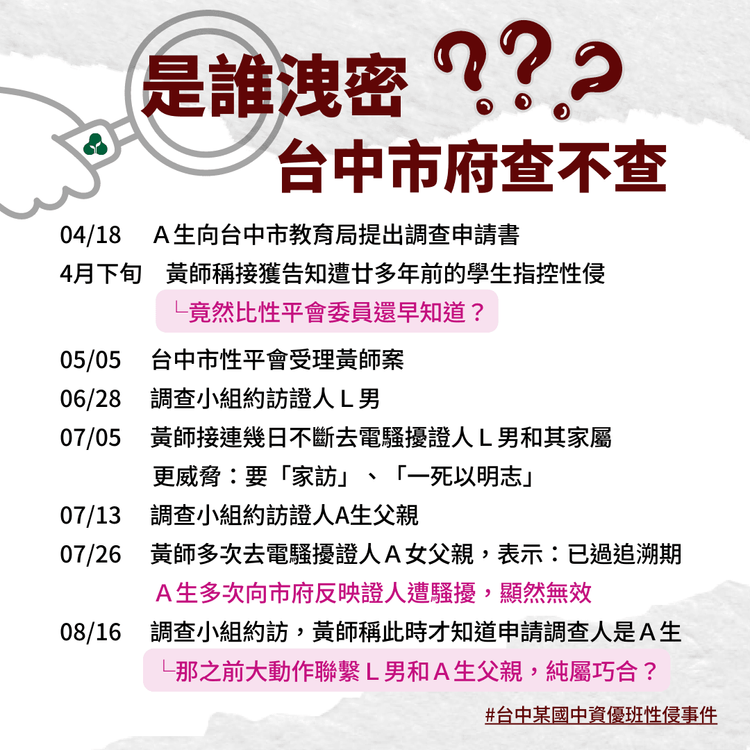 人本基金會公布「台中校園性侵案洩密大事記」，批中市教育局處理該案荒腔走板。人本基金會提供