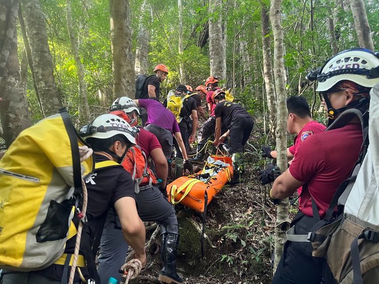 警消以擔架運送下山。桃園市消防局提供