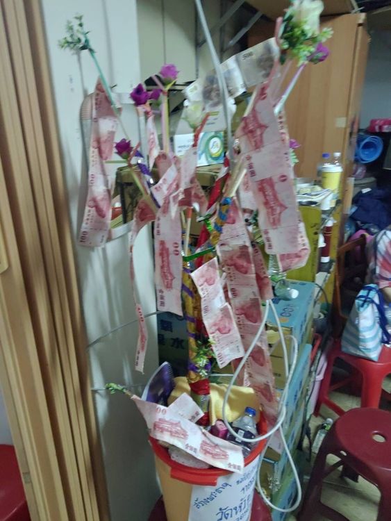 羅女還擺設招財樹，供賭客掛錢許願。警方提供