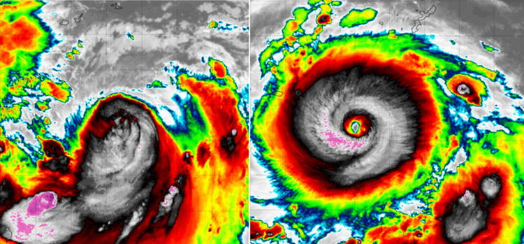 今日4時紅外線色調強化雲圖(左圖)顯示，強颱「軒嵐諾」颱風眼已不若昨日4時清淅(右圖)。翻攝「三立準氣象· 老大洩天機」(圖擷自tropical tidbits)