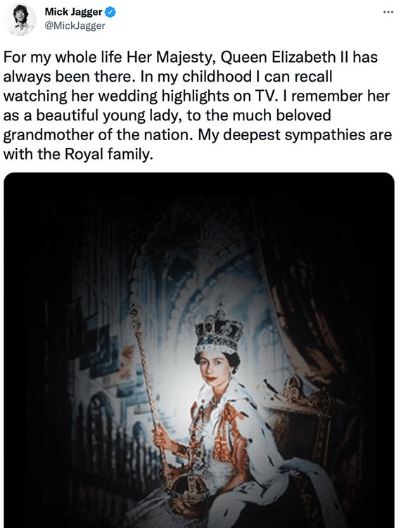 滾石樂團主唱米克傑格表示英女王在他的人生佔有相當大的份量。翻攝Twitter