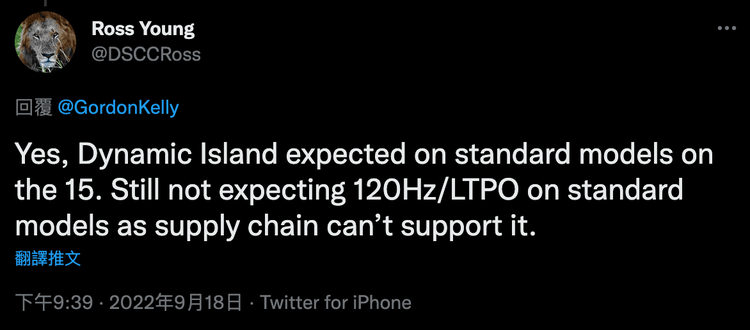 分析師楊預測 iPhone 15 一般版也會配置動態島。取自推特/@DSCCRoss
