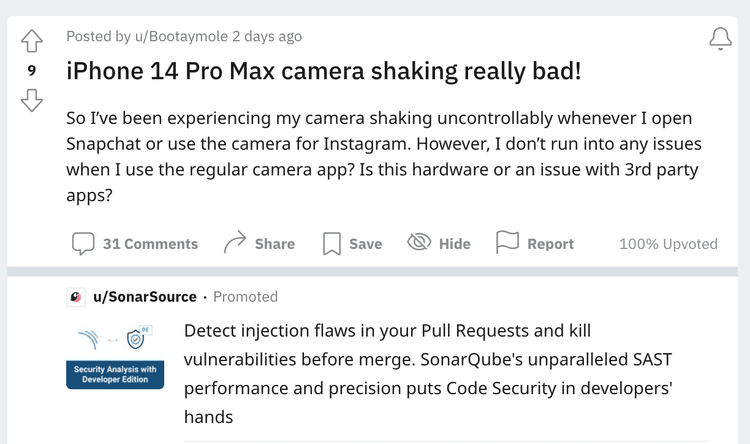 用戶反應 iPhone 14 Pro Max 出包。取自 Reddit