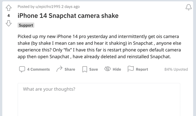 用戶反應 iPhone 14 Pro 使用 Snapchat 的相機問題。取自 Reddit