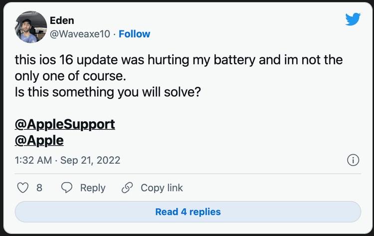 用戶反應 iOS 16 電池消耗問題。取自 MacRumors